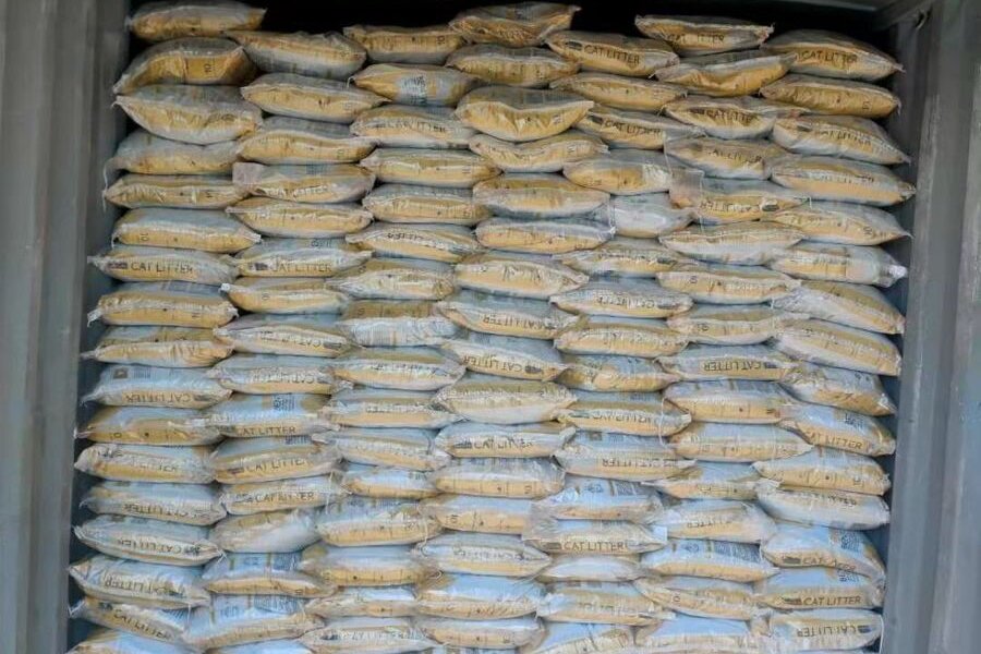Sealed bags of Al Burj coagulant packed in a container for a Kuwait industrial effluent client