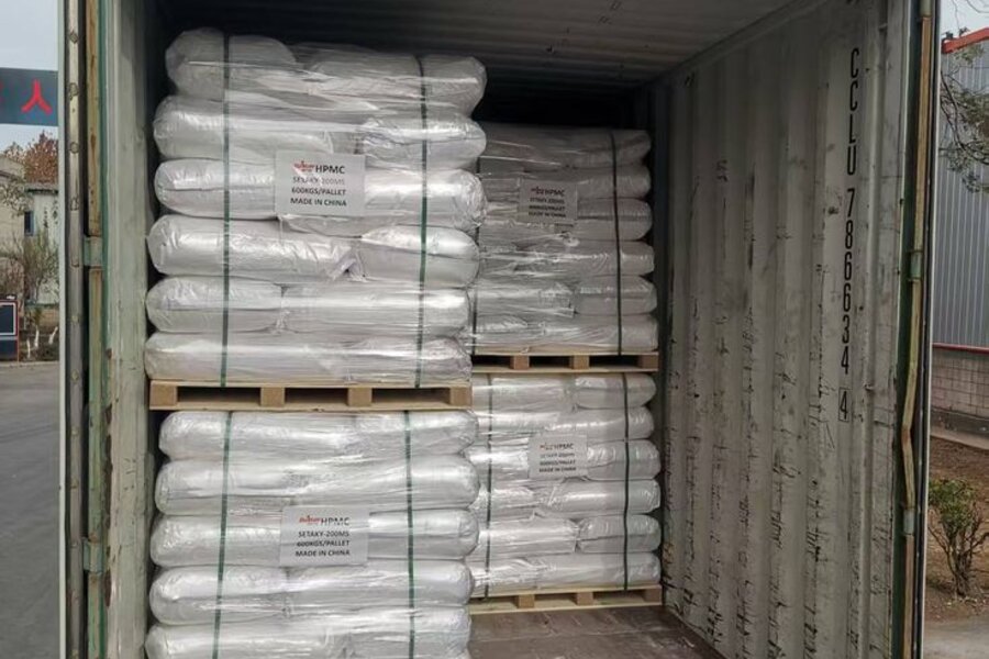 Palletised coagulant and polymer consignment loaded for a Qatar sludge dewatering client